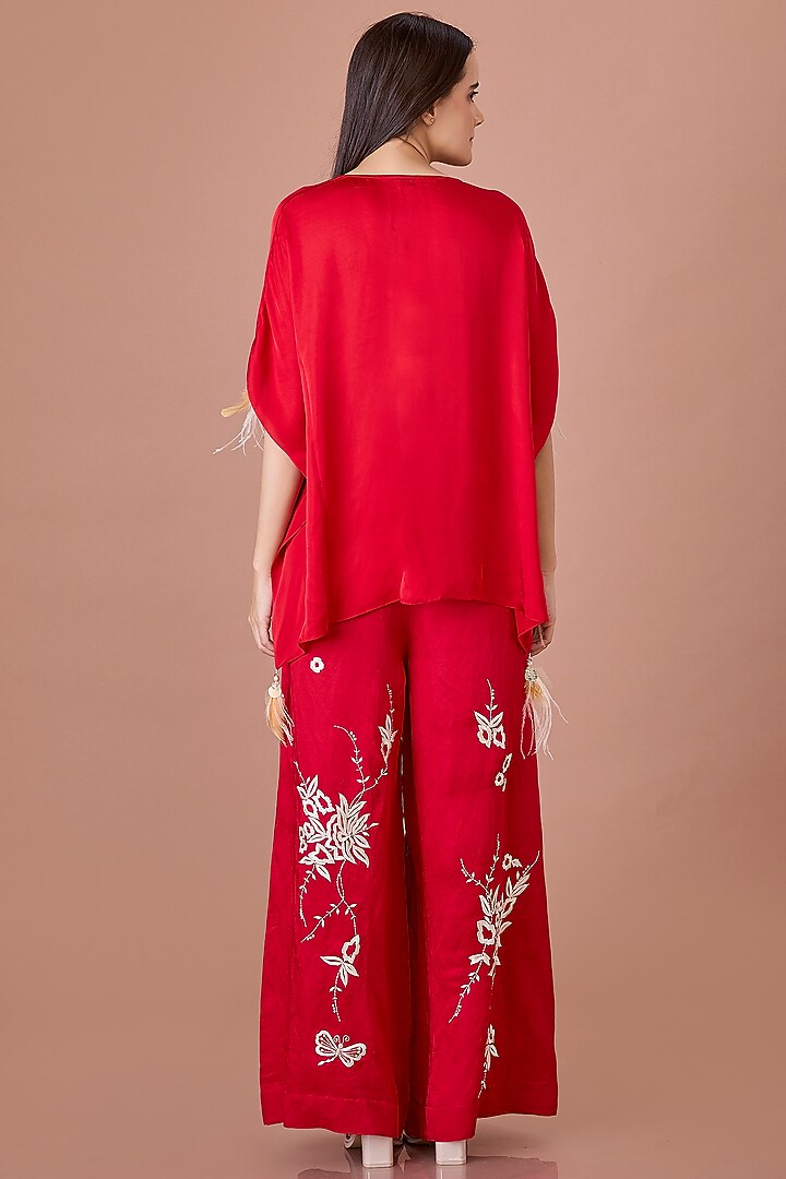 Red Blended Linen Machine Embroidered Trousers by Dilnaz Karbhary at Pernia's Pop Up Shop