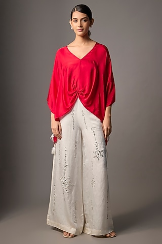 Red Blended Satin Draped Kaftan by Dilnaz Karbhary
