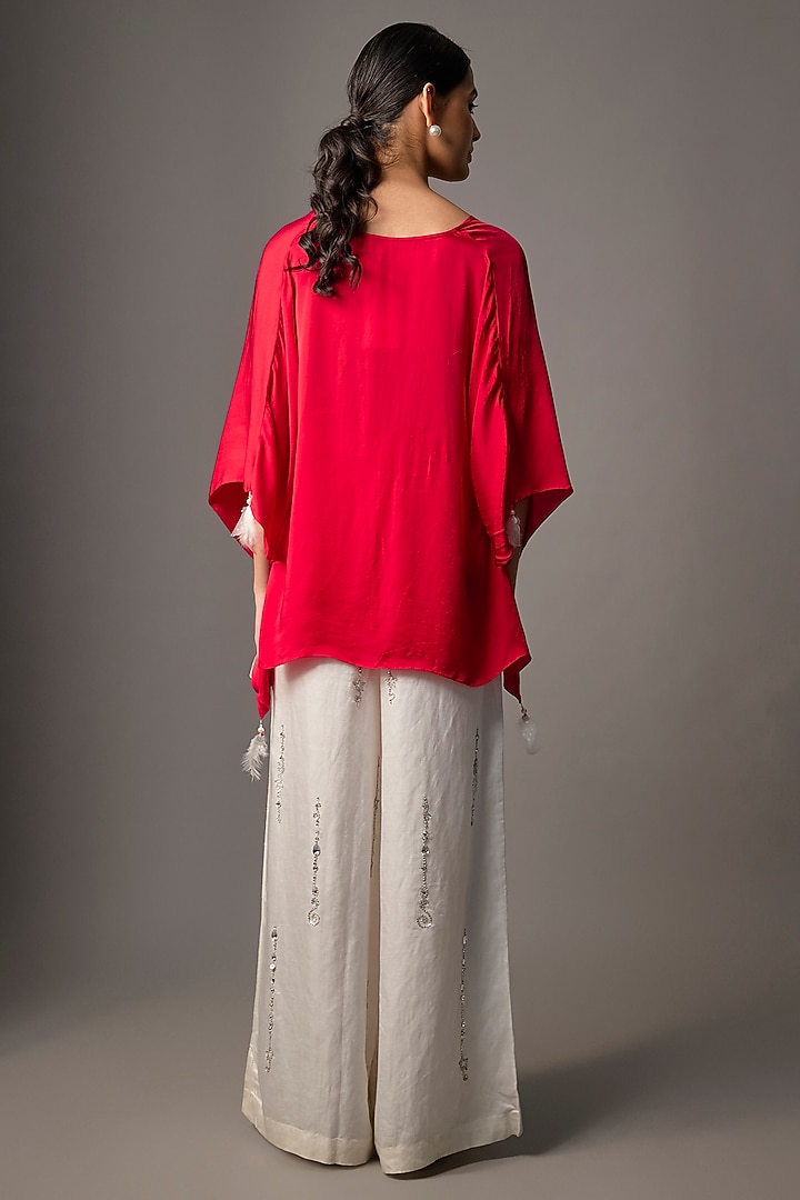 Red Blended Satin Draped Kaftan by Dilnaz Karbhary at Pernia's Pop Up Shop