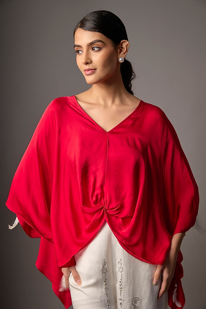 Red Blended Satin Draped Kaftan by Dilnaz Karbhary at Pernia's Pop Up Shop