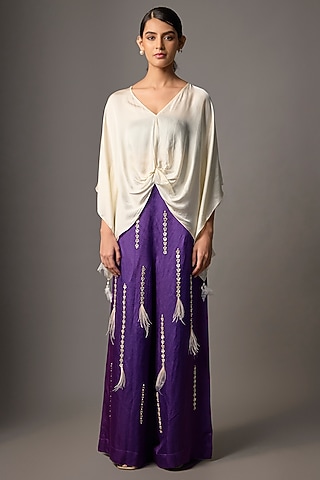 Purple Blended Linen Sequin Trousers by Dilnaz Karbhary
