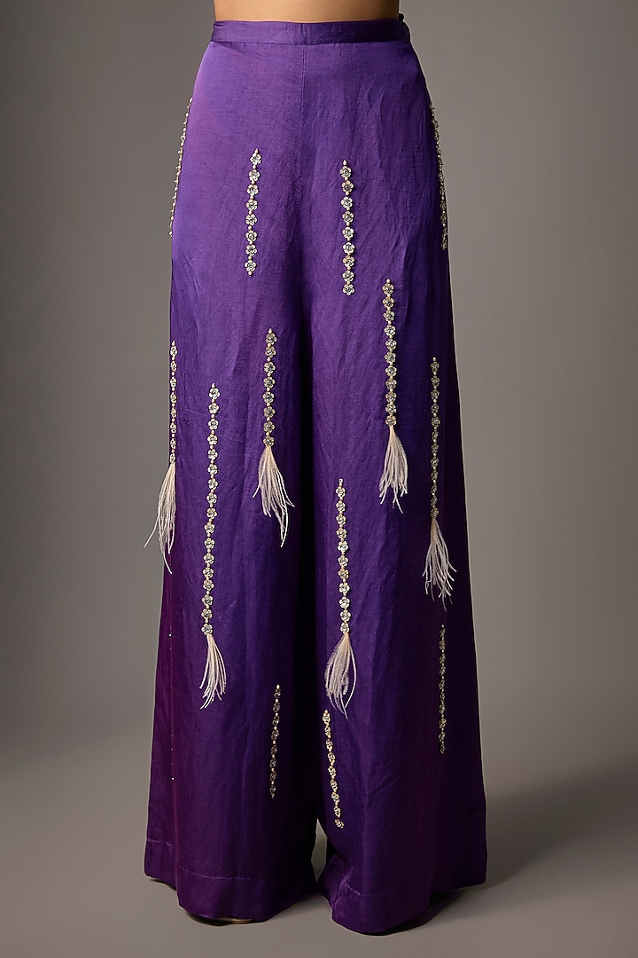 Purple Blended Linen Sequin Trousers by Dilnaz Karbhary at Pernia's Pop Up Shop