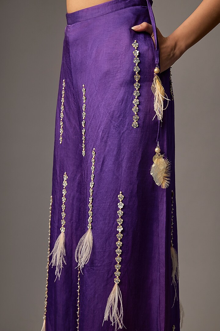 Purple Blended Linen Sequin Trousers by Dilnaz Karbhary at Pernia's Pop Up Shop