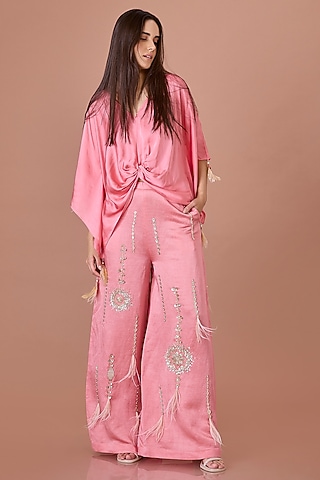 Rose Pink Blended Satin Sequins Embroidered Trousers by Dilnaz Karbhary