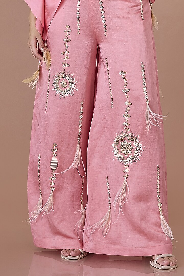 Rose Pink Blended Satin Sequins Embroidered Trousers by Dilnaz Karbhary at Pernia's Pop Up Shop