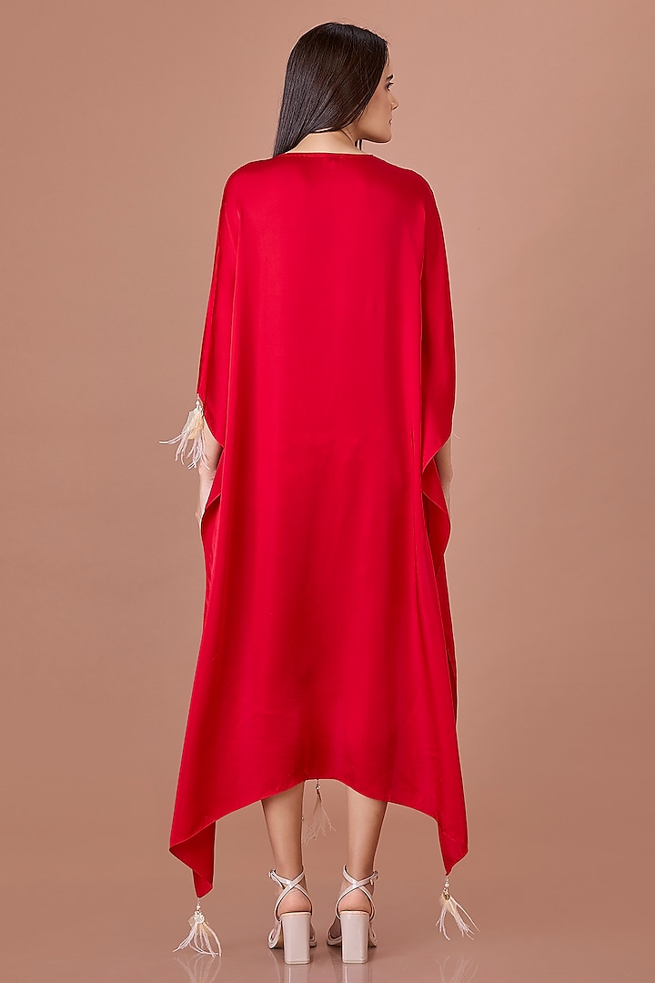 Red Blended Satin Sequins Hand Embroidered Kaftan by Dilnaz Karbhary at Pernia's Pop Up Shop