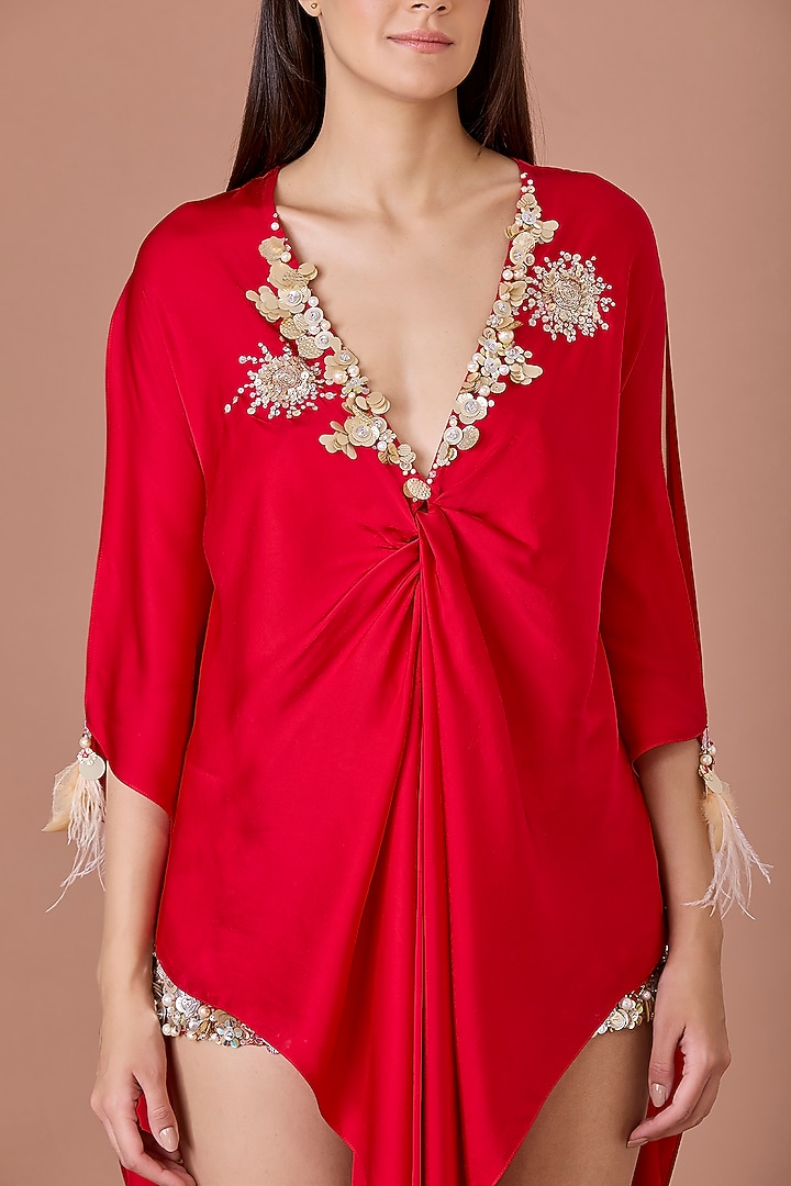 Red Blended Satin Sequins Hand Embroidered Kaftan by Dilnaz Karbhary at Pernia's Pop Up Shop