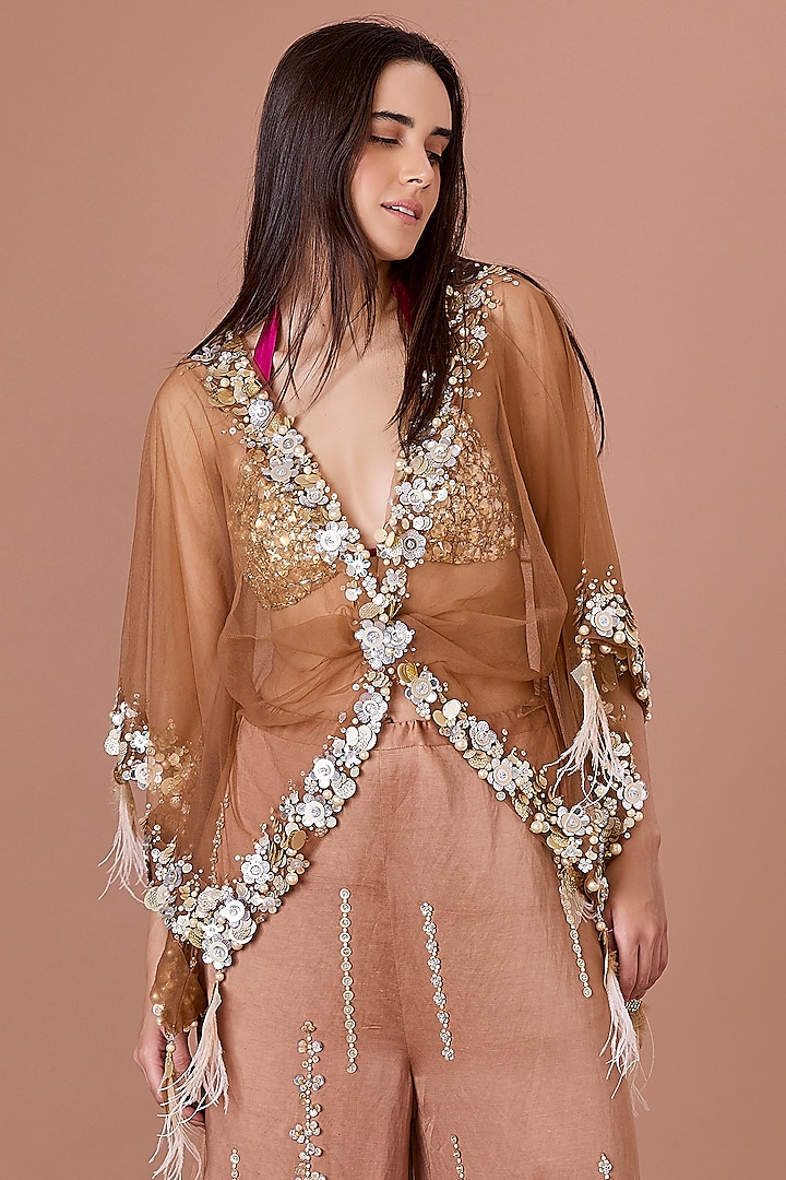 Chocolate Brown Sequins Hand Embroidered Kaftan by Dilnaz Karbhary at Pernia's Pop Up Shop