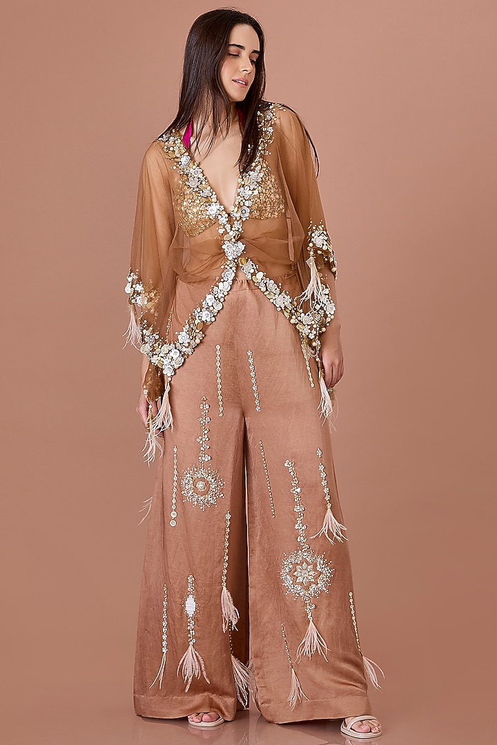 Chocolate Brown Sequins Hand Embroidered Kaftan by Dilnaz Karbhary at Pernia's Pop Up Shop