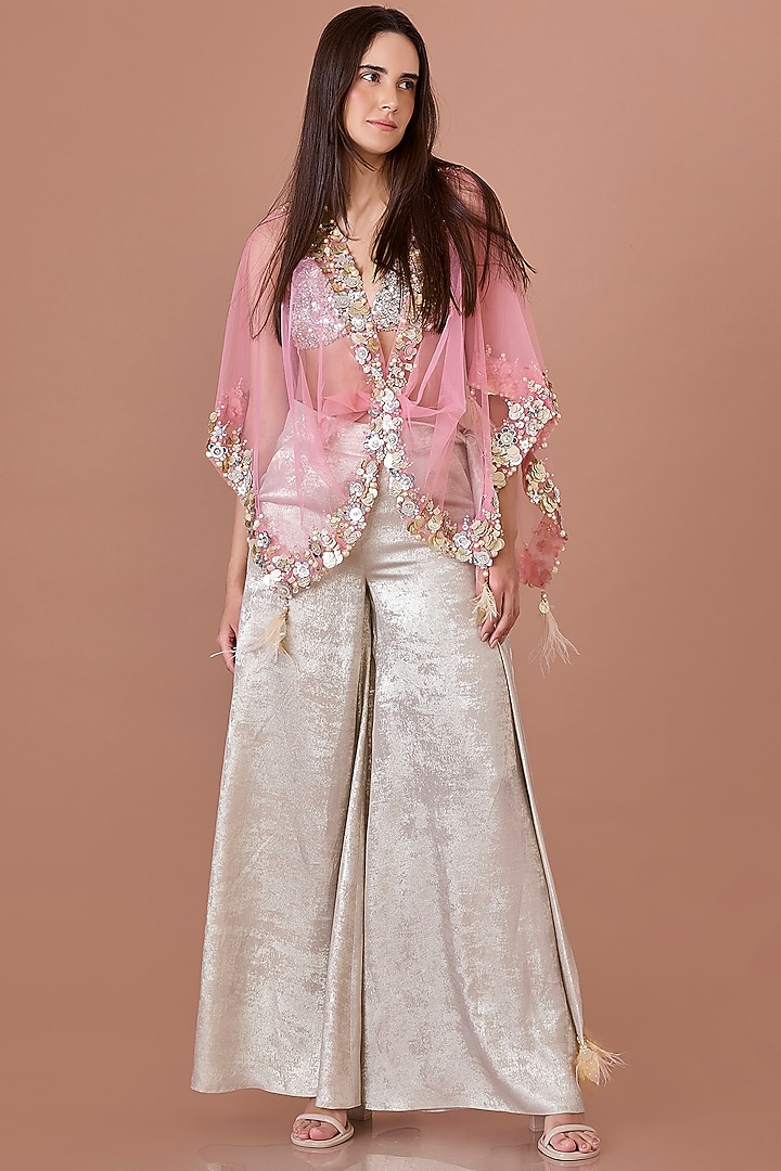 Rose Pink Net Hand Embroidered Kaftan by Dilnaz Karbhary at Pernia's Pop Up Shop