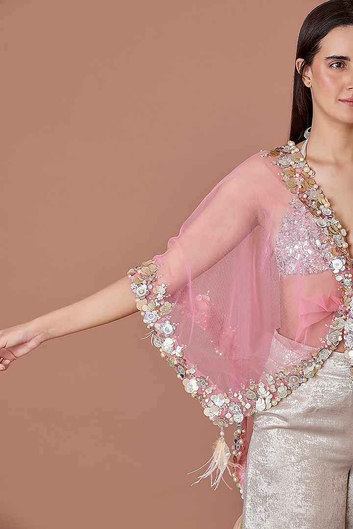Rose Pink Net Hand Embroidered Kaftan by Dilnaz Karbhary at Pernia's Pop Up Shop