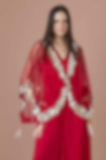 Red Net Hand Embroidered Kaftan by Dilnaz Karbhary at Pernia's Pop Up Shop