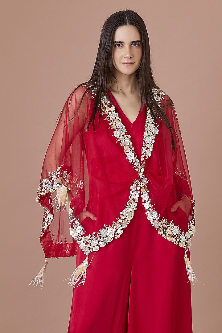 Red Net Hand Embroidered Kaftan by Dilnaz Karbhary at Pernia's Pop Up Shop