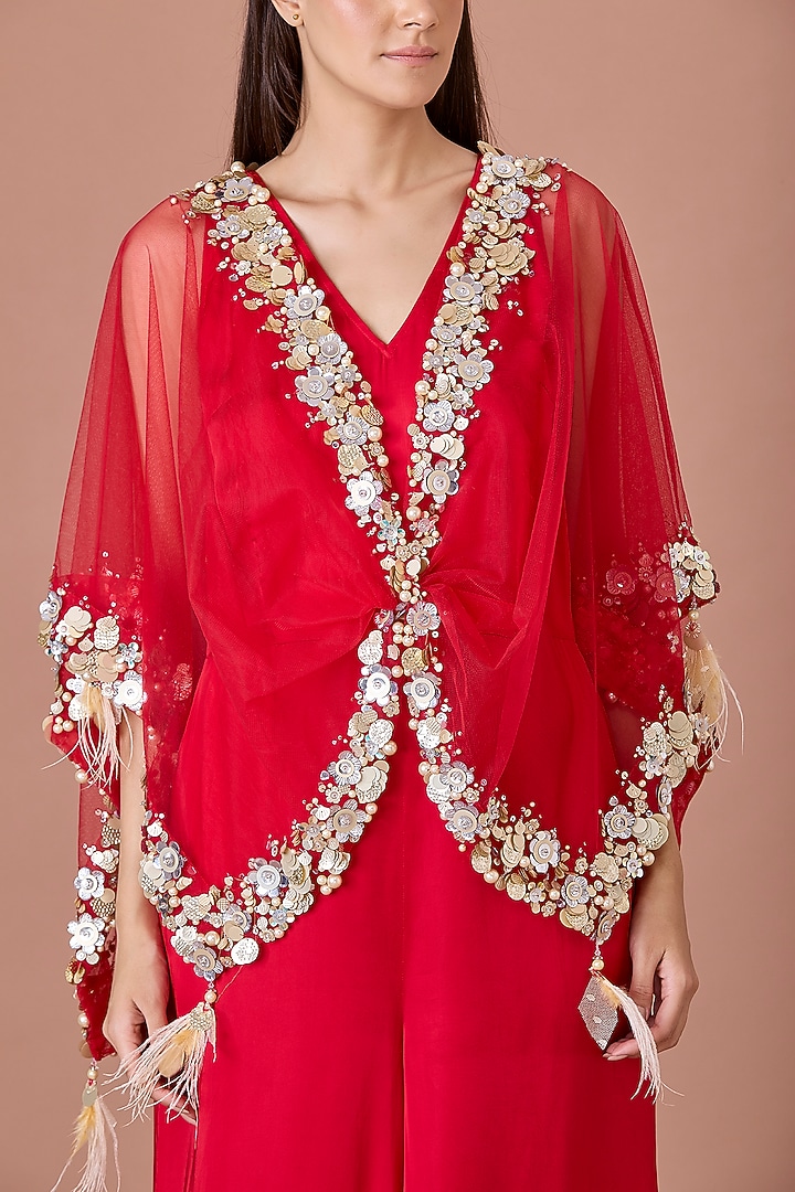Red Net Hand Embroidered Kaftan by Dilnaz Karbhary at Pernia's Pop Up Shop
