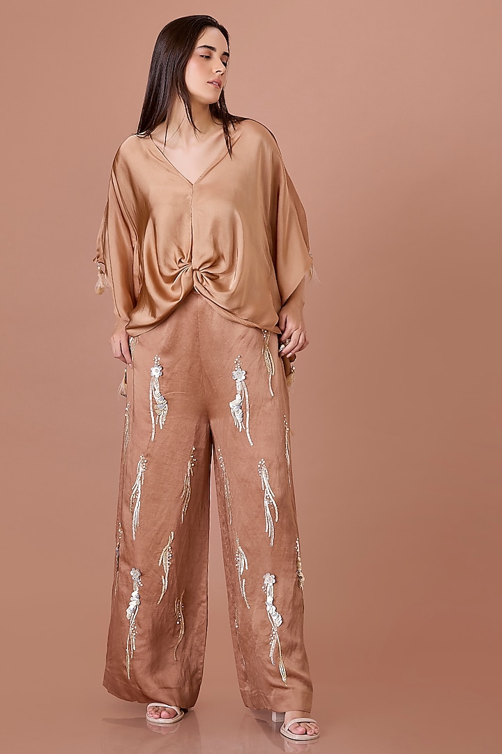 Chocolate Brown Blended Satin Sequins Embroidered Trousers by Dilnaz Karbhary at Pernia's Pop Up Shop