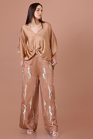 Chocolate Brown Blended Satin Sequins Embroidered Trousers by Dilnaz Karbhary