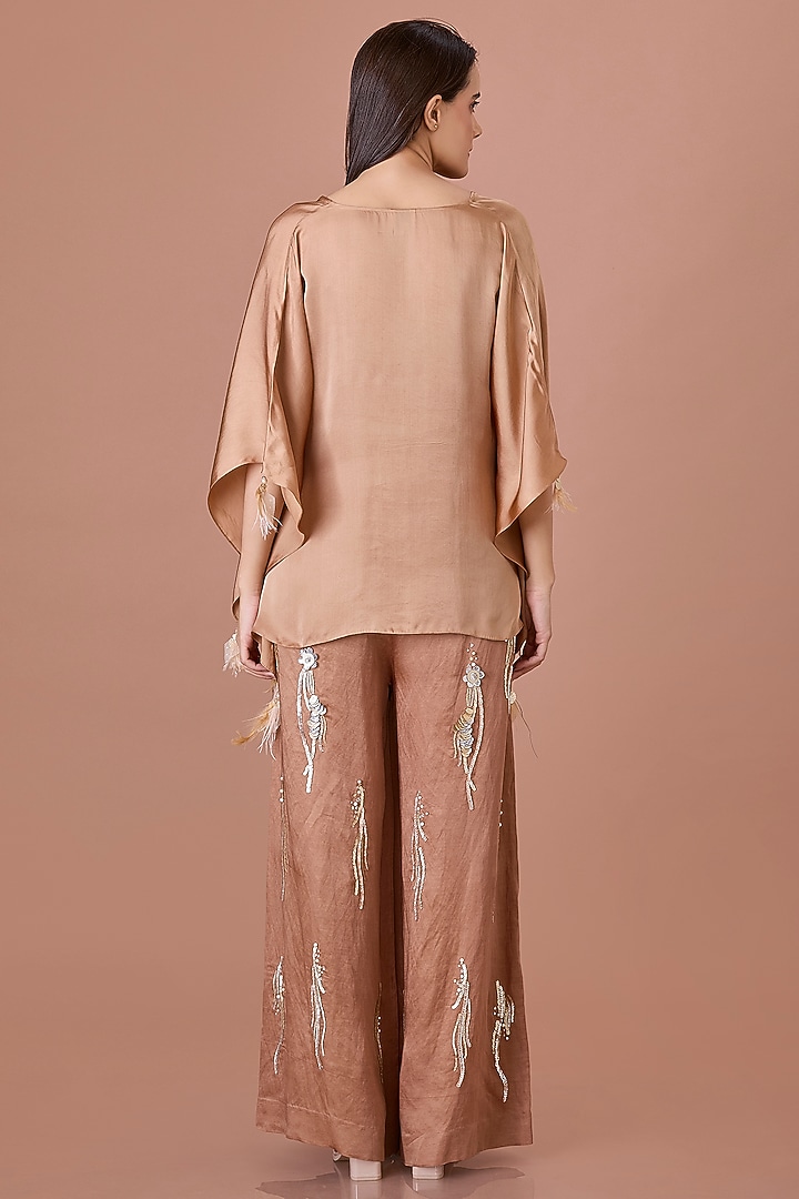 Chocolate Brown Blended Satin Sequins Embroidered Trousers by Dilnaz Karbhary at Pernia's Pop Up Shop