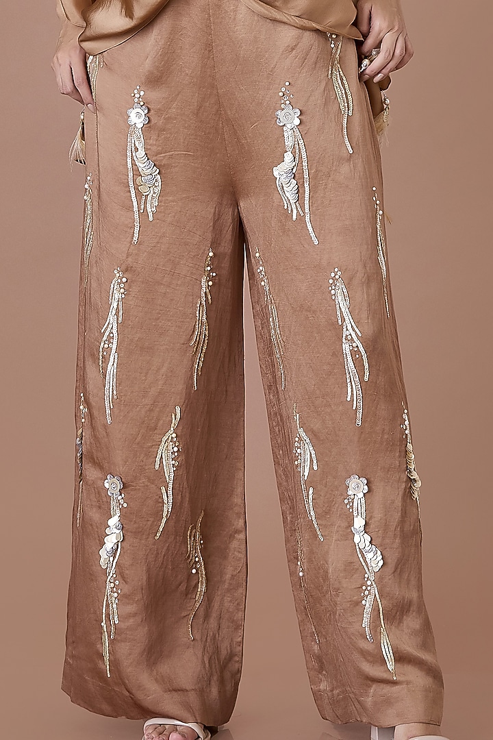 Chocolate Brown Blended Satin Sequins Embroidered Trousers by Dilnaz Karbhary at Pernia's Pop Up Shop