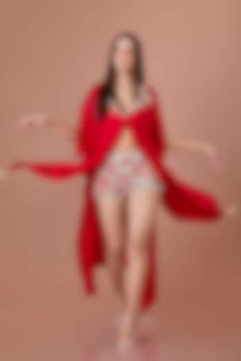 Red Power Net Hand Embroidered Shorts by Dilnaz Karbhary at Pernia's Pop Up Shop