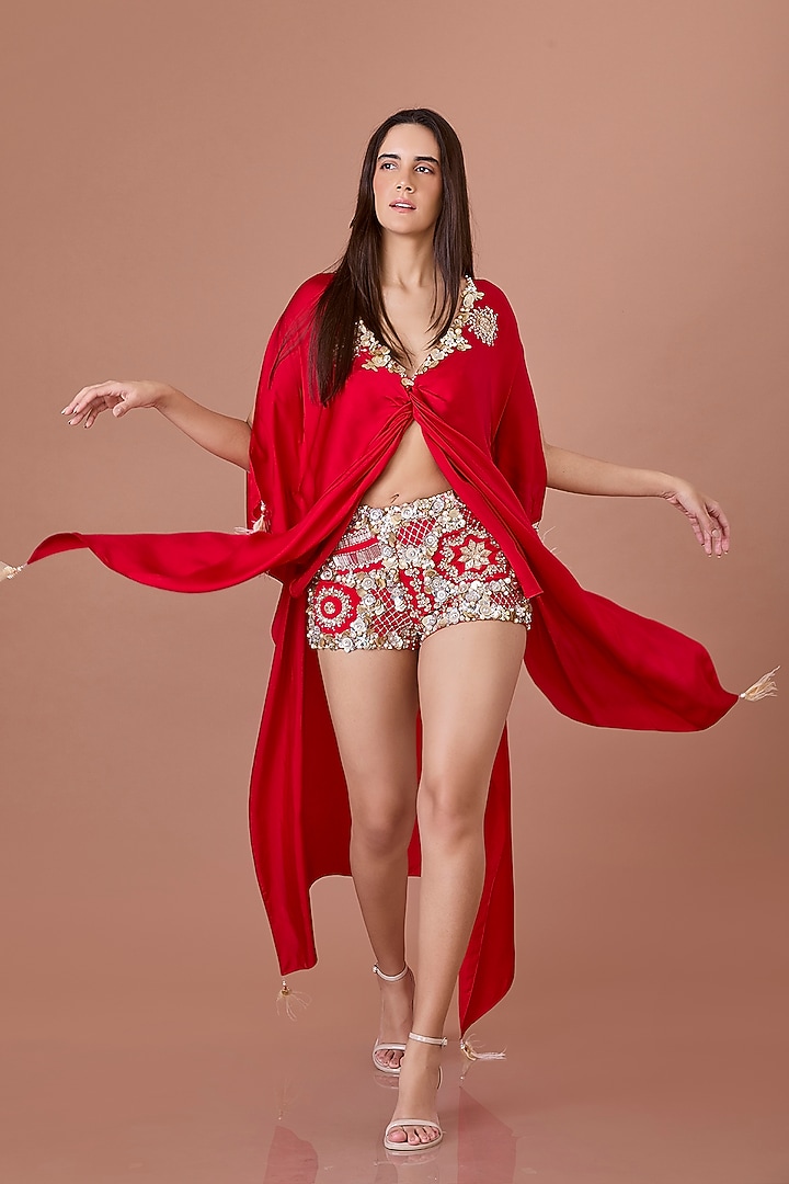 Red Power Net Hand Embroidered Shorts by Dilnaz Karbhary at Pernia's Pop Up Shop