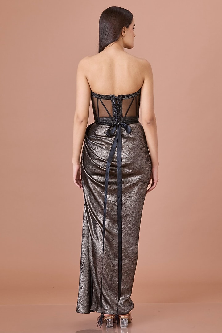 Black Blended Satin Stitch Corset by Dilnaz Karbhary at Pernia's Pop Up Shop