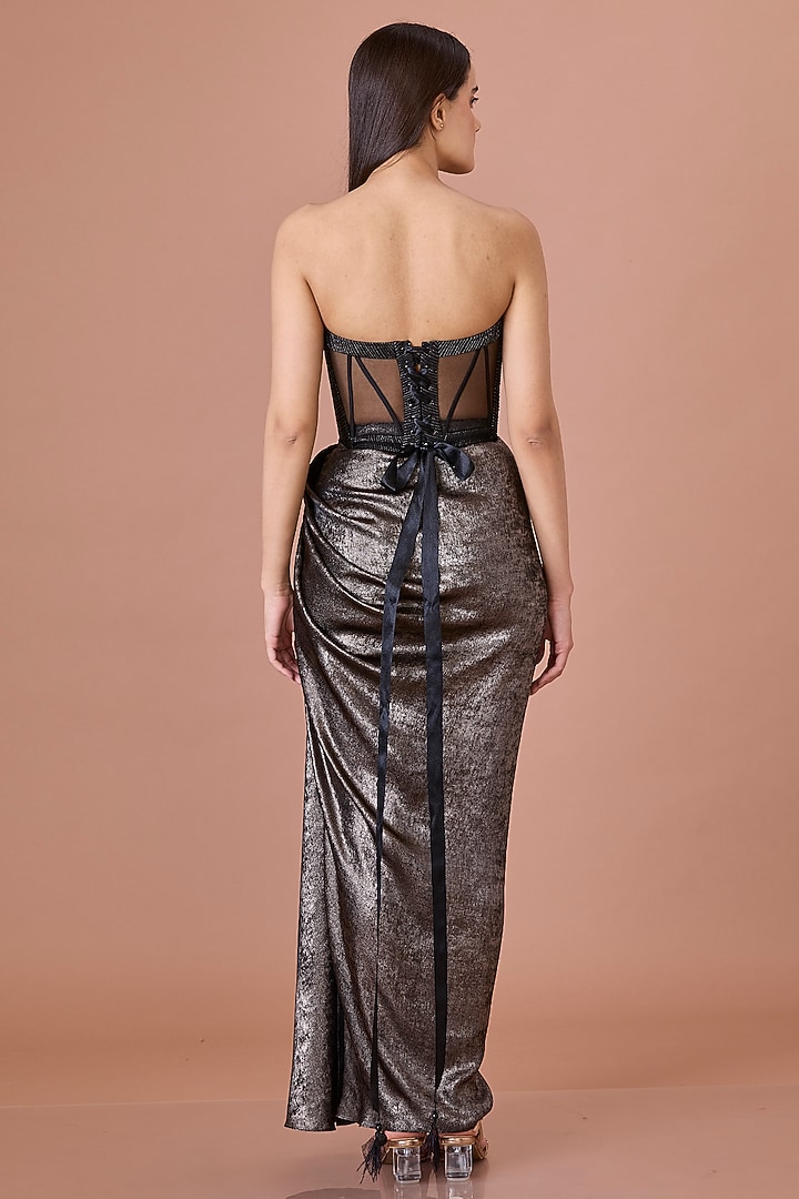 Black Blended Satin Stitch Corset by Dilnaz Karbhary at Pernia's Pop Up Shop