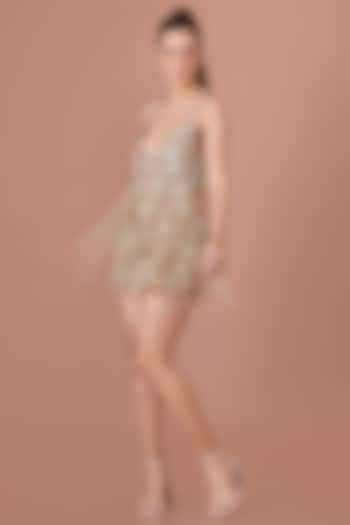 Nude Brown Net Hand Embroidered Fringed Mini Party Wear Dress by Dilnaz Karbhary at Pernia's Pop Up Shop