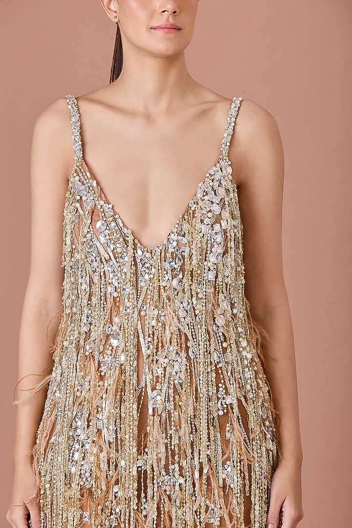 Nude Brown Net Hand Embroidered Fringed Mini Party Wear Dress by Dilnaz Karbhary at Pernia's Pop Up Shop