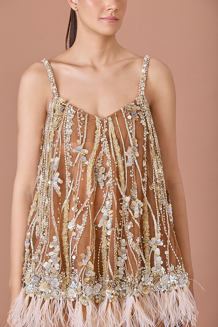 Chocolate Brown Net & Blended Satin Sequins Embroidered Camisole Party Wear Dress by Dilnaz Karbhary at Pernia's Pop Up Shop