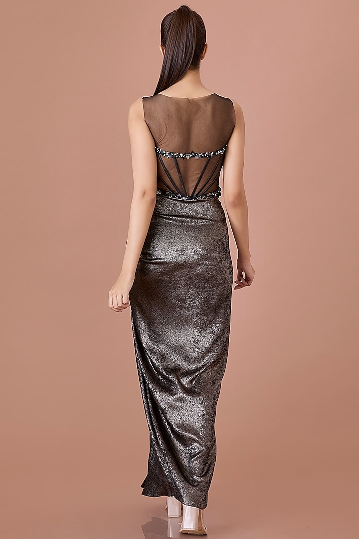 Black Net & Foil Hand Embroidered Draped Engagement Gown by Dilnaz Karbhary at Pernia's Pop Up Shop