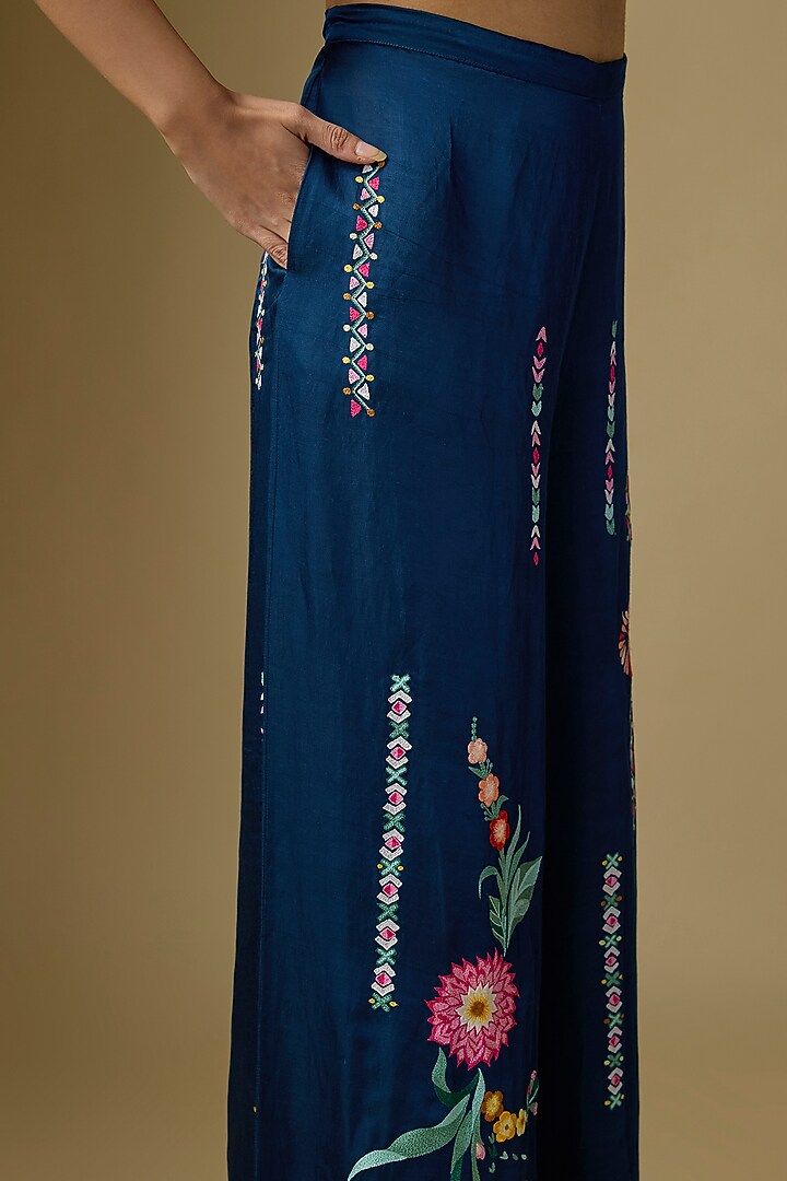 Sapphire Blue Blended Linen Trousers by Dilnaz Karbhary at Pernia's Pop Up Shop