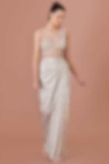 Champagne Foil & Net Embroidered One-Shoulder Draped Gown by Dilnaz Karbhary at Pernia's Pop Up Shop