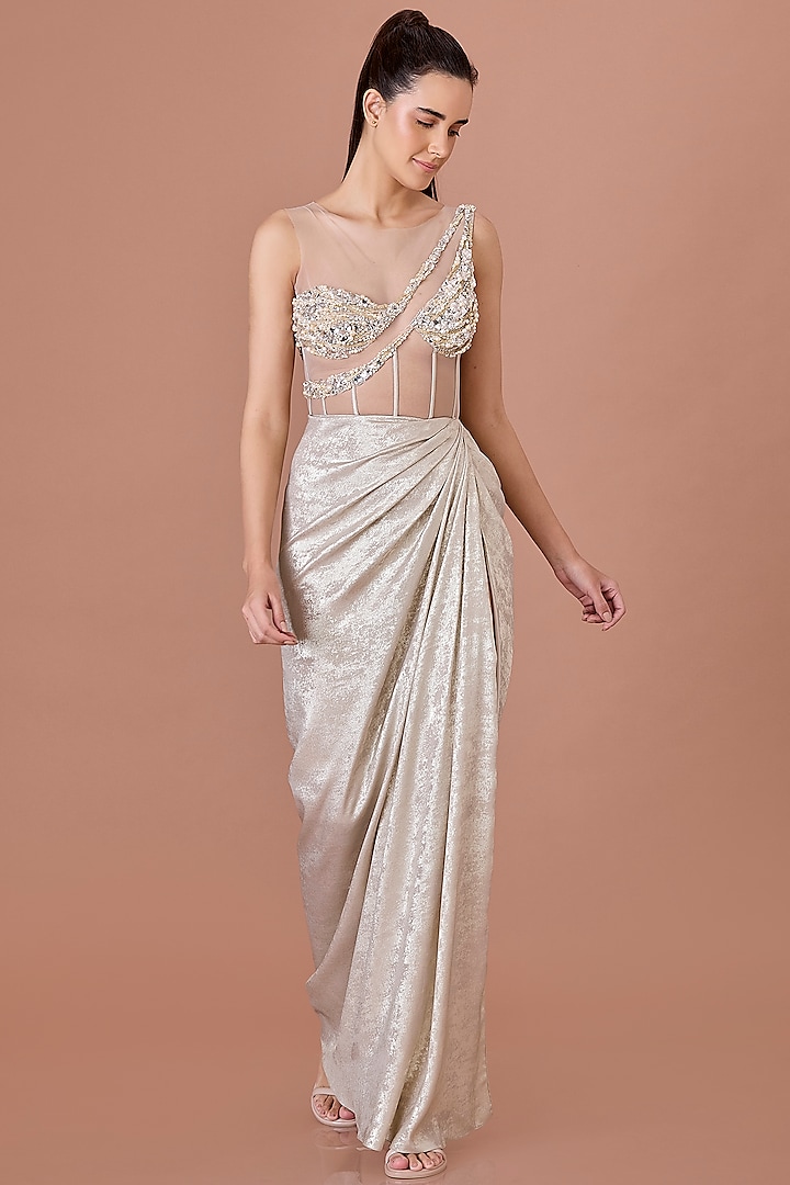 Champagne Foil & Net Embroidered One-Shoulder Draped Gown by Dilnaz Karbhary at Pernia's Pop Up Shop