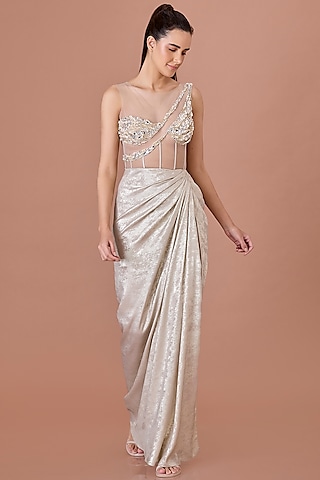 Champagne Foil & Net Embroidered One-Shoulder Draped Gown by Dilnaz Karbhary
