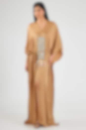 Chocolate-Colored Blended Satin Embroidered Kaftan by Dilnaz Karbhary at Pernia's Pop Up Shop