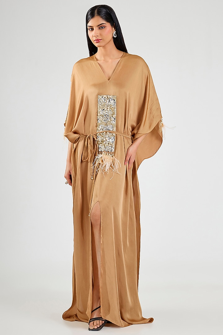 Chocolate-Colored Blended Satin Embroidered Kaftan by Dilnaz Karbhary at Pernia's Pop Up Shop