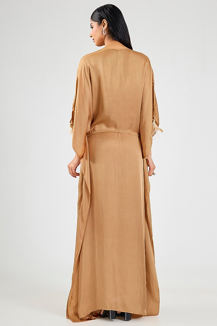 Chocolate-Colored Blended Satin Embroidered Kaftan by Dilnaz Karbhary at Pernia's Pop Up Shop