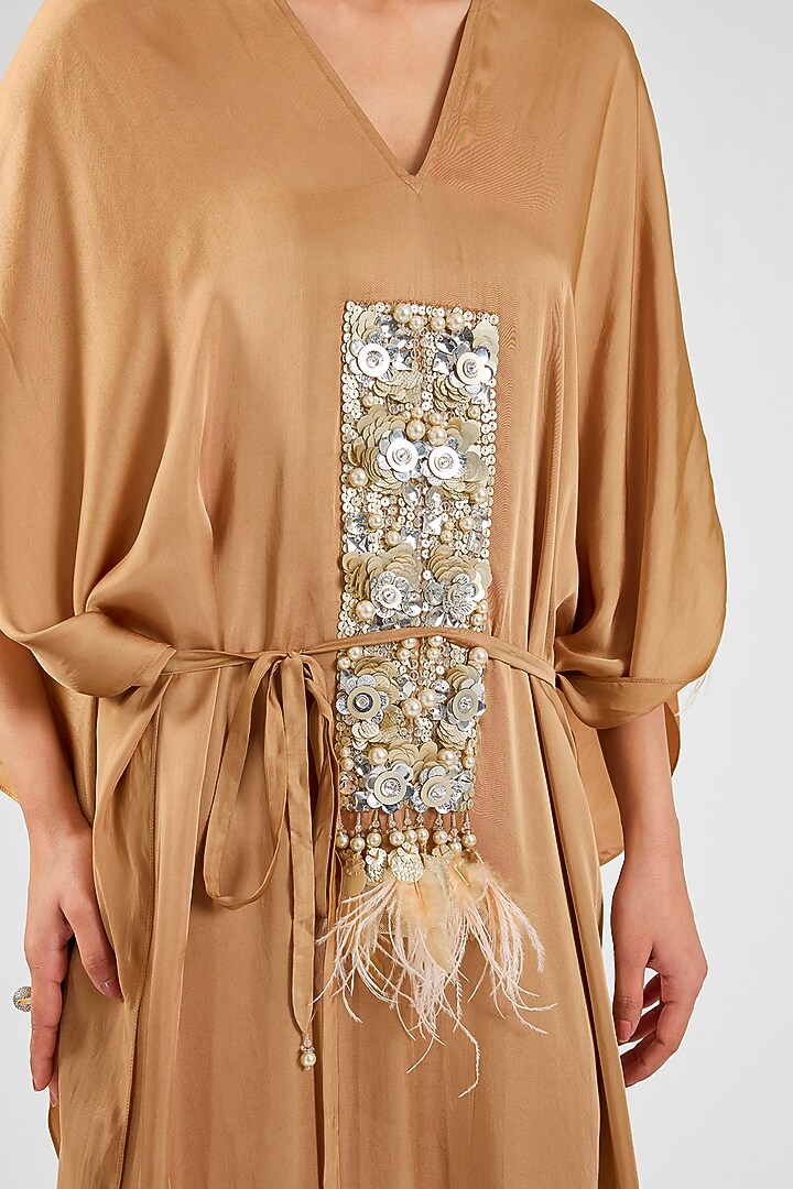Chocolate-Colored Blended Satin Embroidered Kaftan by Dilnaz Karbhary at Pernia's Pop Up Shop
