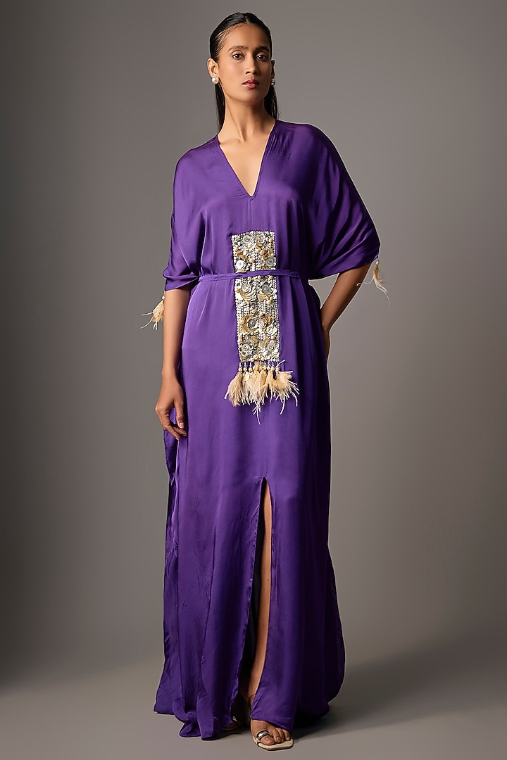 Purple Blended Satin Embellished Kaftan by Dilnaz Karbhary at Pernia's Pop Up Shop