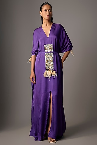Purple Blended Satin Embellished Kaftan by Dilnaz Karbhary
