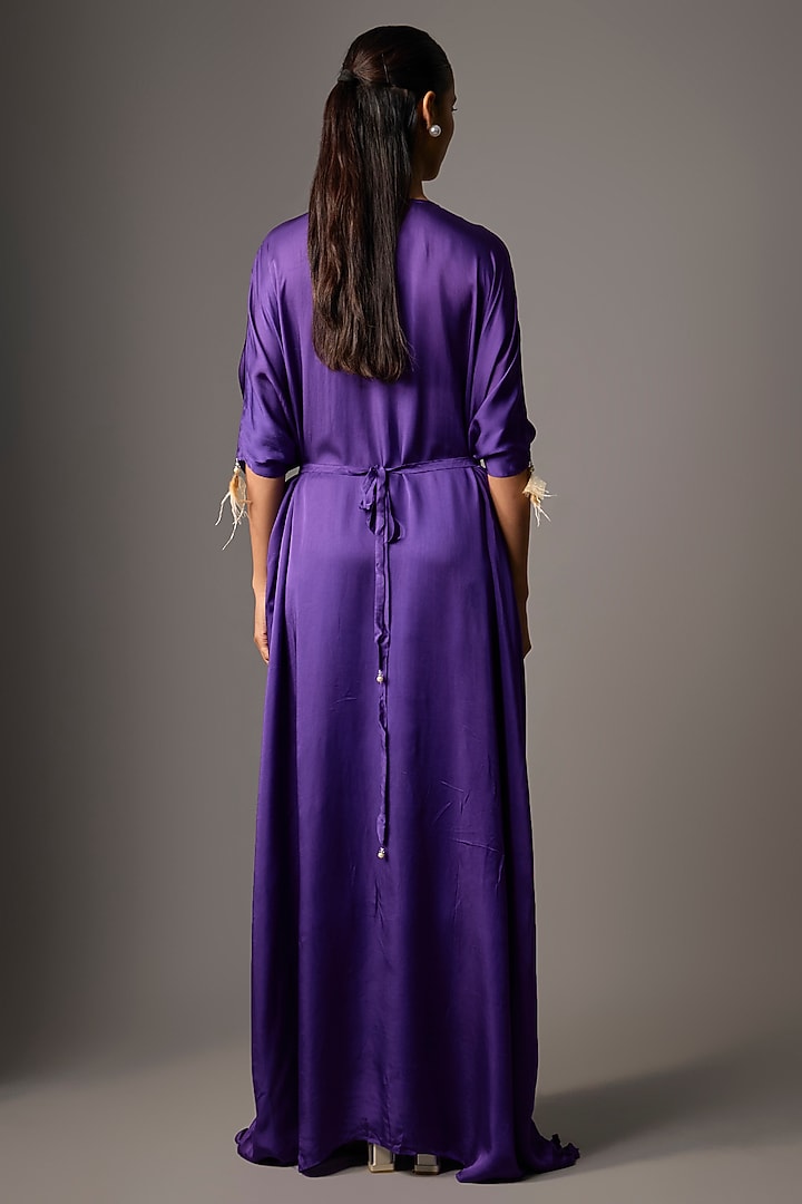 Purple Blended Satin Embellished Kaftan by Dilnaz Karbhary at Pernia's Pop Up Shop
