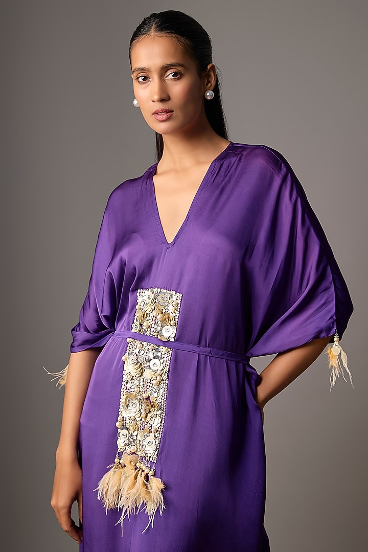 Purple Blended Satin Embellished Kaftan by Dilnaz Karbhary at Pernia's Pop Up Shop
