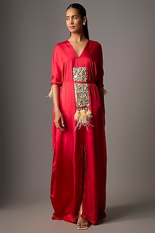 Red Blended Satin Embellished Kaftan by Dilnaz Karbhary