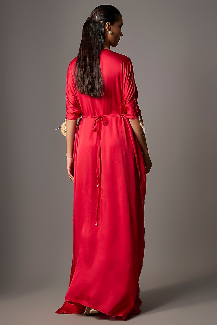 Red Blended Satin Embellished Kaftan by Dilnaz Karbhary at Pernia's Pop Up Shop