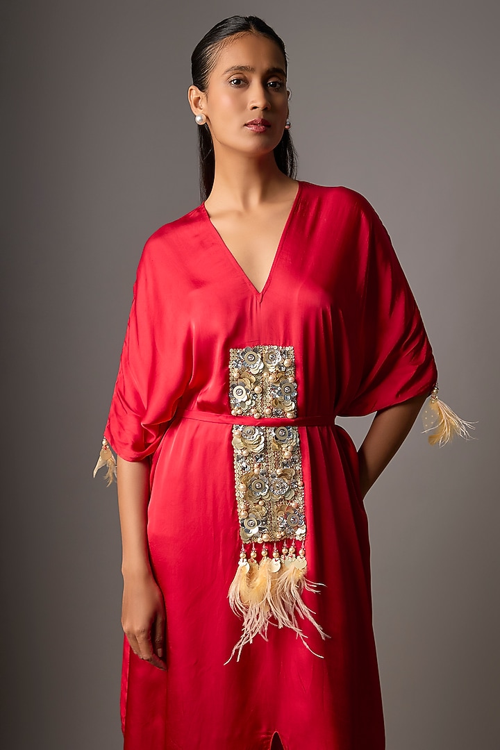 Red Blended Satin Embellished Kaftan by Dilnaz Karbhary at Pernia's Pop Up Shop