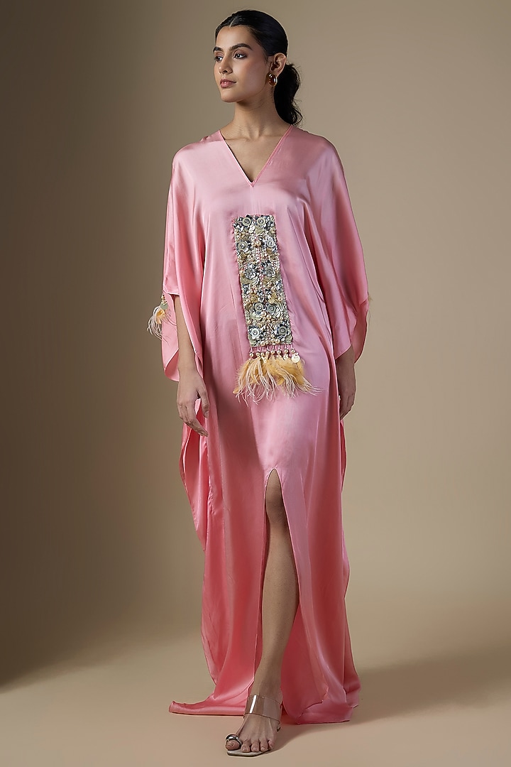 Rose Pink Blended Satin Sequin Embroidered Kaftan by Dilnaz Karbhary at Pernia's Pop Up Shop
