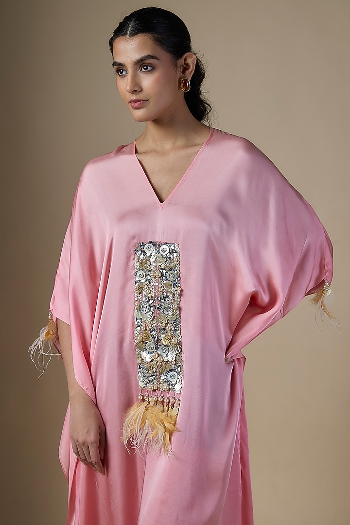 Rose Pink Blended Satin Sequin Embroidered Kaftan by Dilnaz Karbhary at Pernia's Pop Up Shop