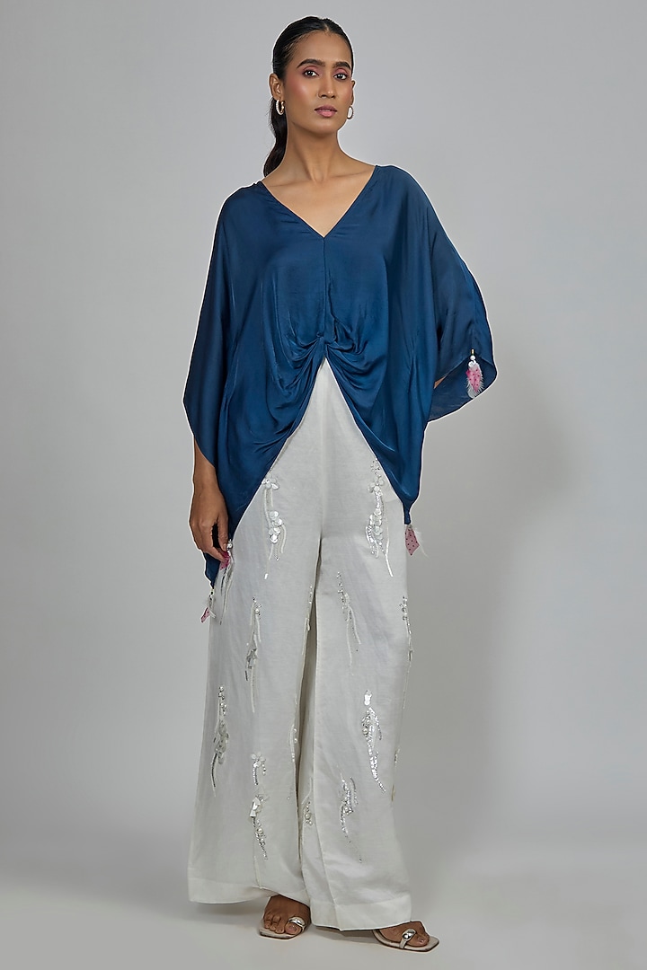 Sapphire Blue Blended Satin Draped Kaftan by Dilnaz Karbhary at Pernia's Pop Up Shop