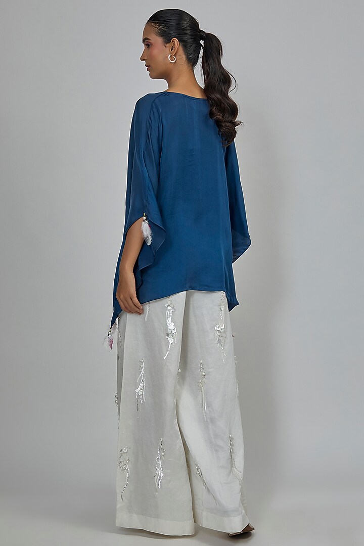 Sapphire Blue Blended Satin Draped Kaftan by Dilnaz Karbhary at Pernia's Pop Up Shop