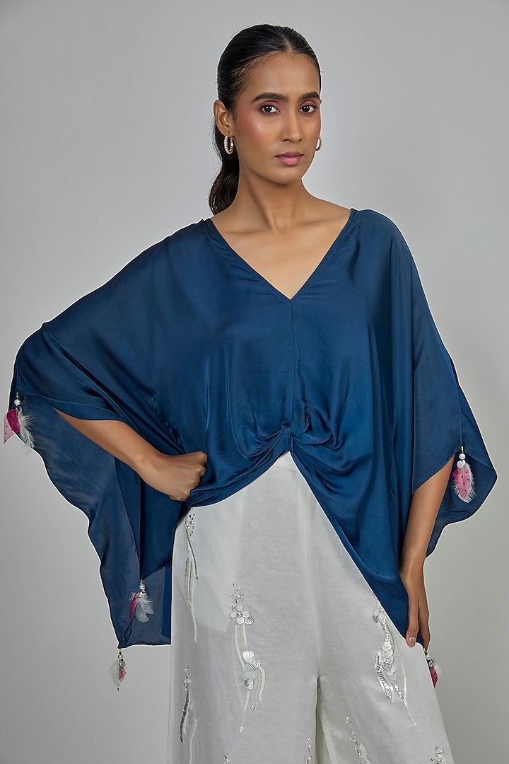 Sapphire Blue Blended Satin Draped Kaftan by Dilnaz Karbhary at Pernia's Pop Up Shop